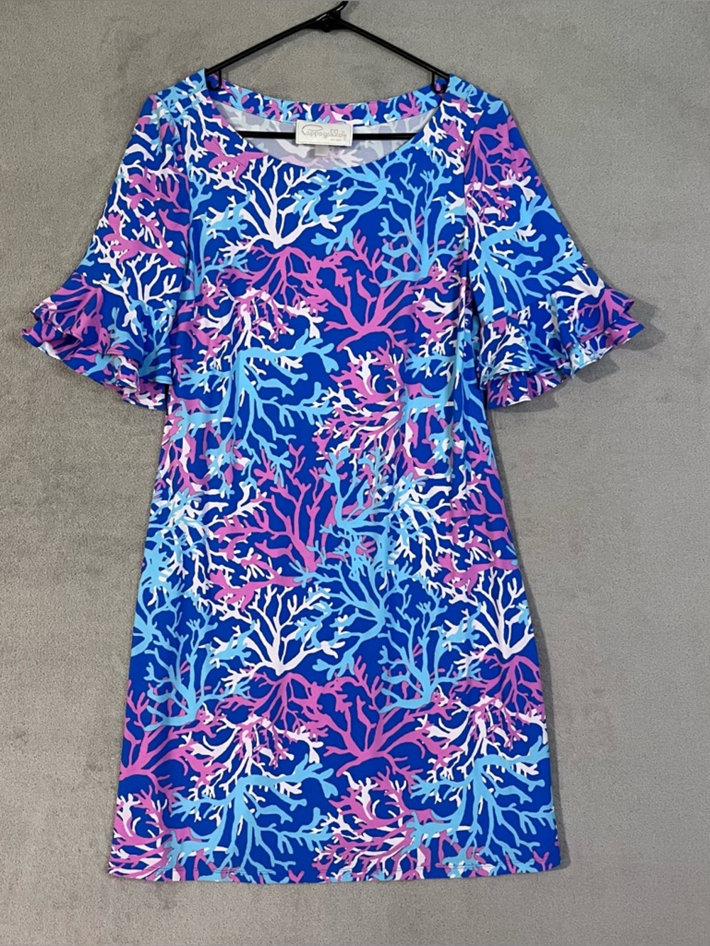 Pappagallo Blue & Pink Coral-Print Shift Dress Ruffle Sleeve Womens Sz Small